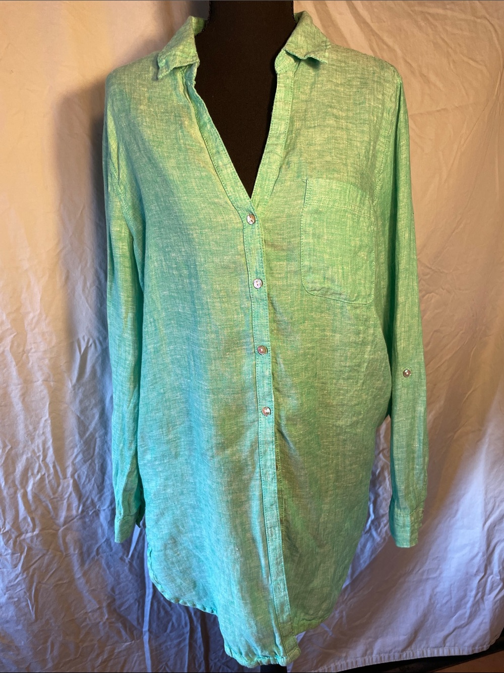 Sigrid Olsen Mint Green Linen-Blend Button-Down